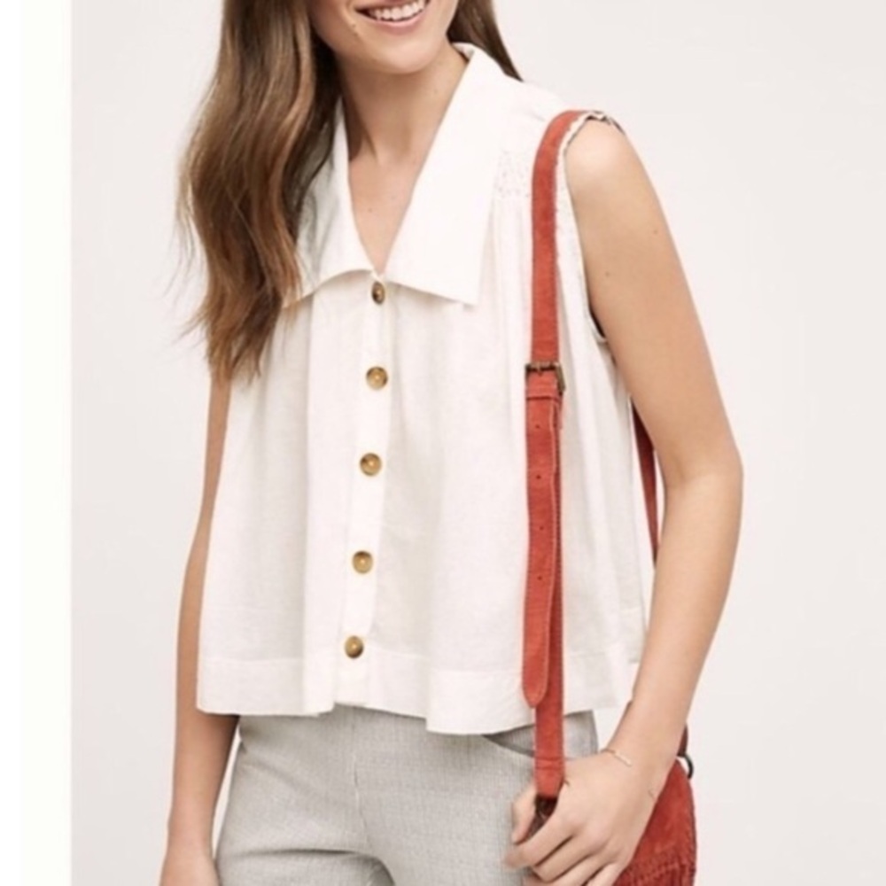 Holding Horses Anthropologie white coastal swing Smocked Shoulder top size 0